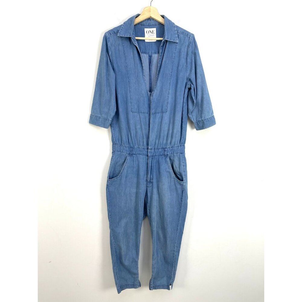 ONE TEASPOON Womens Smallâ Chambray Jumpsuit Cropped Zipper Hem 3/4 Sleeves